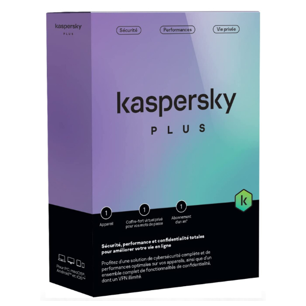 Kaspersky Plus (équivalent à Internet Security) – 1 Poste / 1 an (KL10428BAFS-FFPMAG)