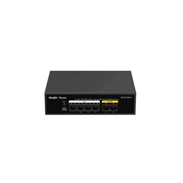 RG-ES106F-P – Switch PoE non géré 4×FE + 2 uplink 1.2 Gbps – Ruijie